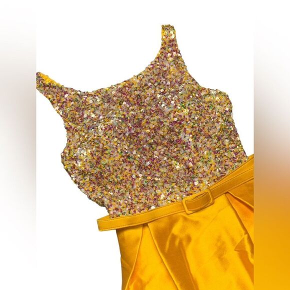 ๐ AIDAN MATTOX sequinโfit & flare mini yellow speckle dress with pockets size 8 - Picture 3 of 8